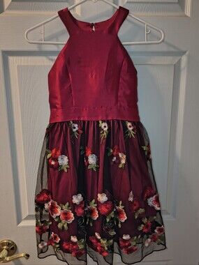 Speechless Burgundy Floral Embroidered Tulle Dress